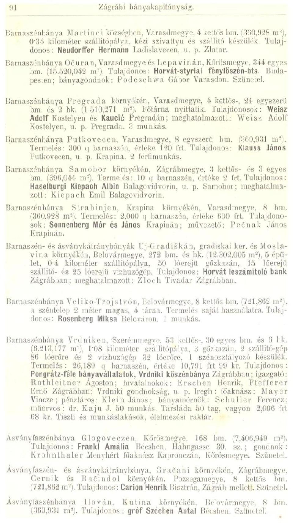 Budapesten; bányagondnok: Podeschwa Gábor Varasdon. Szünetel. Barna szénbánya Pregrada környékén. Varasdmegye, 4 kettős-, 24 egyszerű bm. és 2 hk. (1.510,271 m a ). Főtárna nyittatik.
