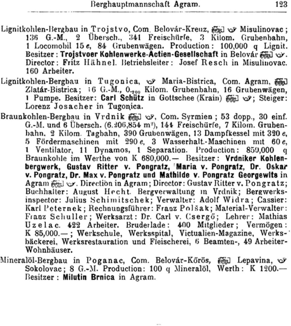 Maria-Bistrica, Com. Agram, ^G Zlatár-Bistrica; S6 G.-M., 0.20o Kilom. Grubenbahn, 16 Grubenwägen, 1 Pumpe. Besitzer: Carl Schütz in Gottschee (Krain) ggigü xp; Steiger: Lorenz Josacher in Tugonica.