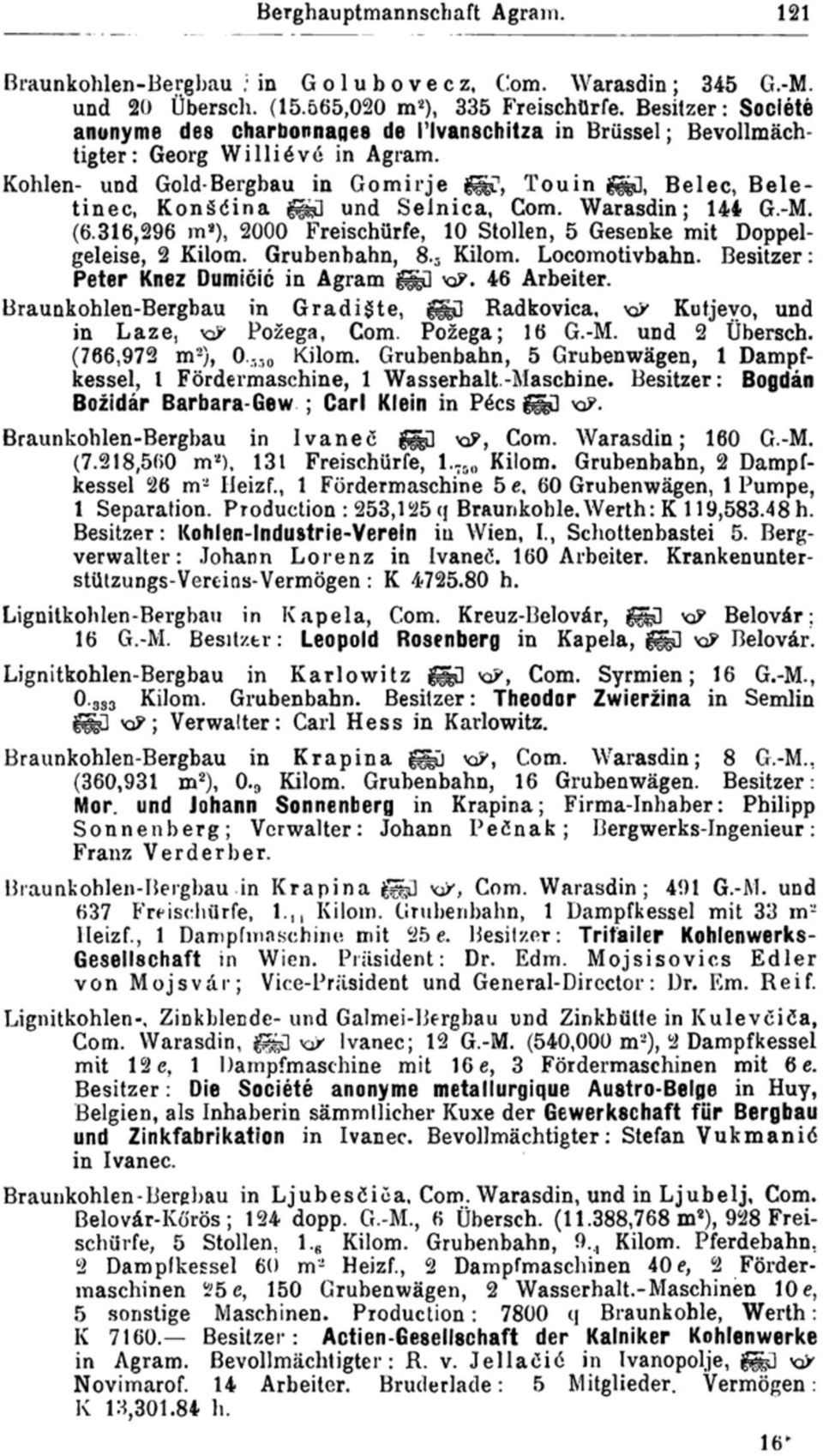 , Touin g&ü, Belec, Beletinec, Konáéina ^ű und Selnica, Com. Warasdin; 144 G.-M. (6.316,296 m a ), 2000 Freischürfe, 10 Stollen, 5 Gesenke mit Doppelgeleise, 2 Kilom. Grubenbahn, 8. 3 Kilom.
