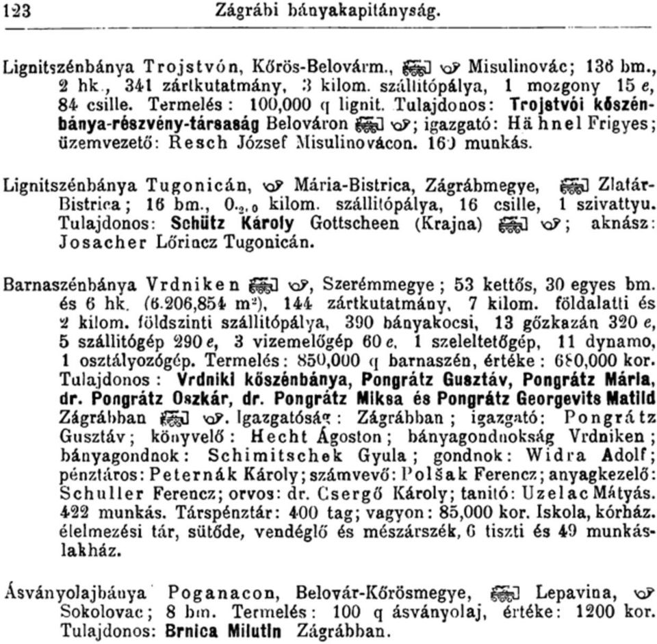 Lignitszénbánya Tugonicán, ^ Mária-Bistrica, Zágrábmegye, gggű Zlatár- Bistrica; 16 bm., 0. 2, 0 kilom. szállitópálya, 16 csille, 1 szivattyú.