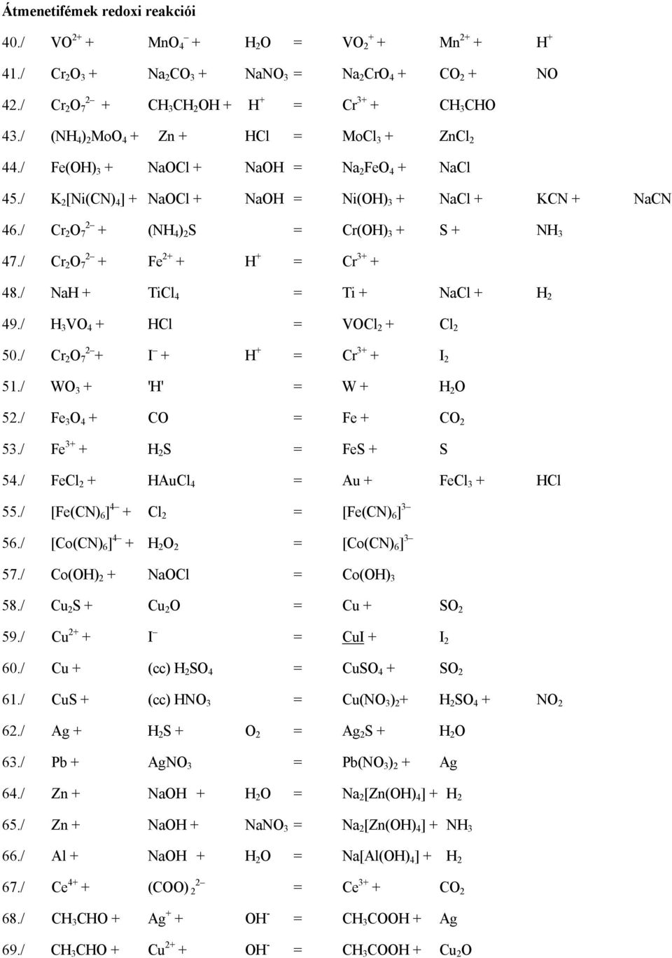/ Cr 2 O 7 + (NH 4 ) 2 S = Cr(OH) 3 + S + NH 3 47./ Cr 2 O 7 + Fe 2+ + H + = Cr 3+ + 48./ NaH + TiCl 4 = Ti + NaCl + H 2 49./ H 3 VO 4 + HCl = VOCl 2 + Cl 2 50./ Cr 2 O 7 + I + H + = Cr 3+ + I 2 51.