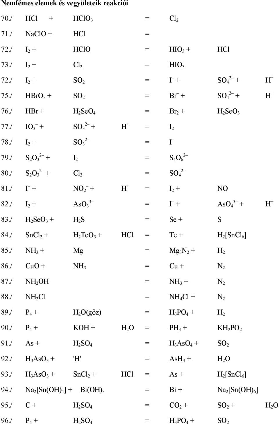 / I + NO 2 + H + = I 2 + NO 82./ I 2 + AsO 3 3 = I + AsO 4 3 + H + 83./ H 2 SeO 3 + H 2 S = Se + S 84./ SnCl 2 + H 2 TeO 3 + HCl = Te + H 2 [SnCl 6 ] 85./ NH 3 + Mg = Mg 3 N 2 + H 2 86.