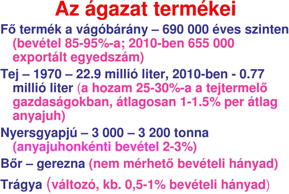 77 millió liter (a hozam 25-30%-a a tejtermelő gazdaságokban, átlagosan 1-1.