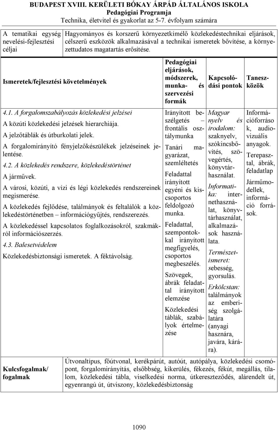 A forgalomirányító fényjelzőkészülékek jelzéseinek jelentése. 4.2. A közlekedés rendszere, közlekedéstörténet A járművek. A városi, közúti, a vízi és légi közlekedés rendszereinek megismerése.