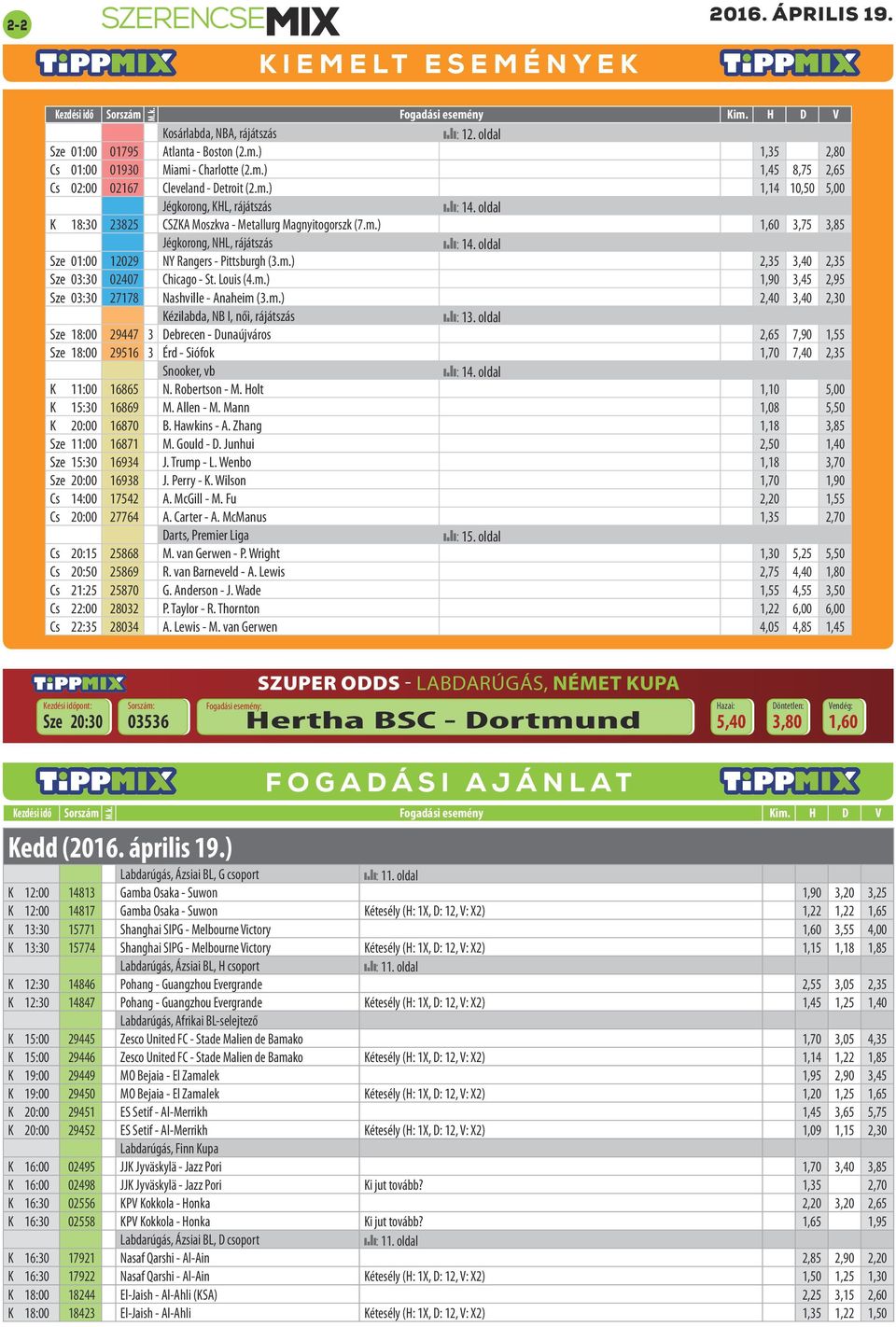 m.) 2,40 3,40 2,30 Kézilabda, NB I, női, rájátszás : 13. oldal Sze 18:00 29447 3 Debrecen - Dunaújváros 2,65 7,90 1,55 Sze 18:00 29516 3 Érd - Siófok 1,70 7,40 2,35 Snooker, vb K 11:00 16865 N.