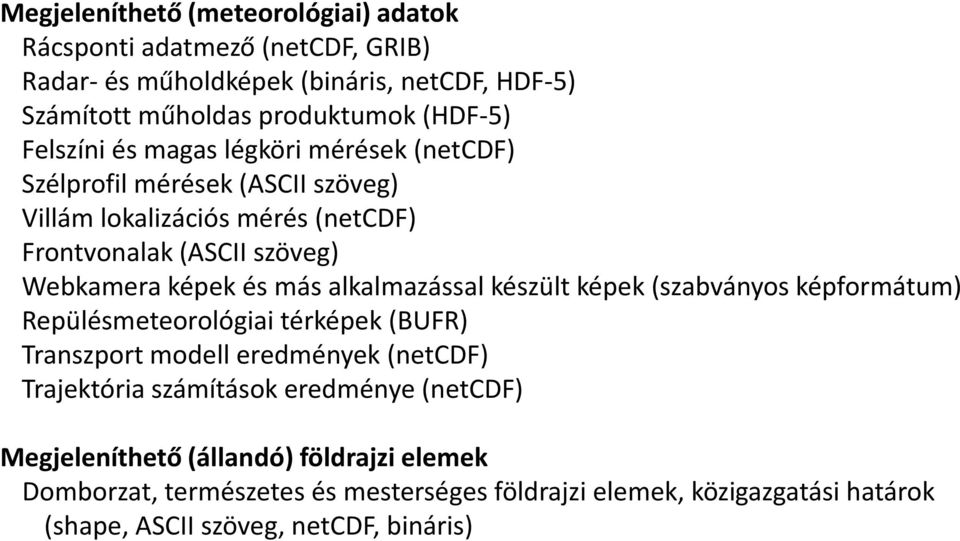 alkalmazással készült képek (szabványos képformátum) Repülésmeteorológiai térképek (BUFR) Transzport modell eredmények (netcdf) Trajektória számítások eredménye