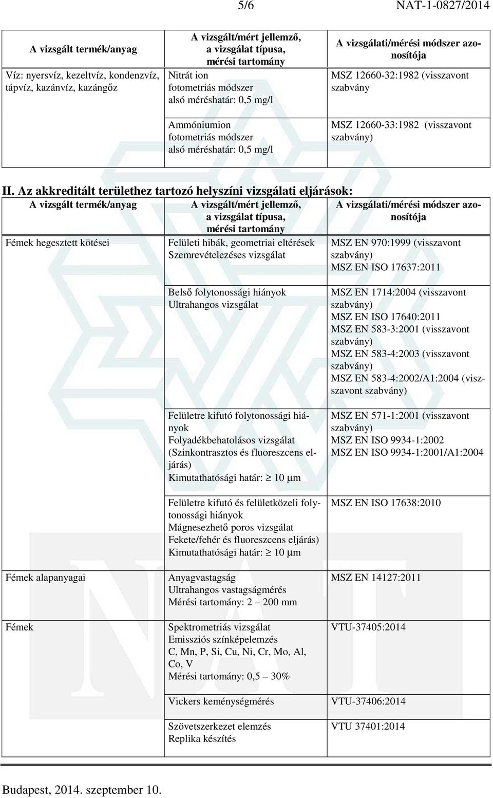 Az akkreditált területhez tartozó helyszíni vizsgálati eljárások: Fémek hegesztett kötései Felületi hibák, geometriai eltérések Szemrevételezéses vizsgálat MSZ EN 970:1999 (visszavont MSZ EN ISO