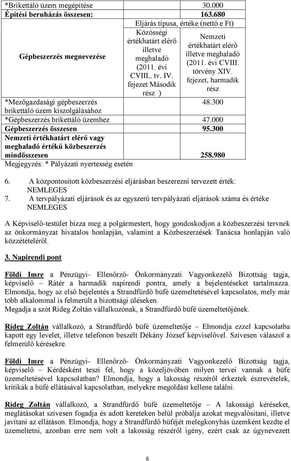 CVIII.. tv. IV. fejezet, harmadik fejezet Második rész rész ) *Mezőgazdasági gépbeszerzés 48.300 brikettáló üzem kiszolgálásához *Gépbeszerzés brikettáló üzemhez 47.000 Gépbeszerzés összesen 95.