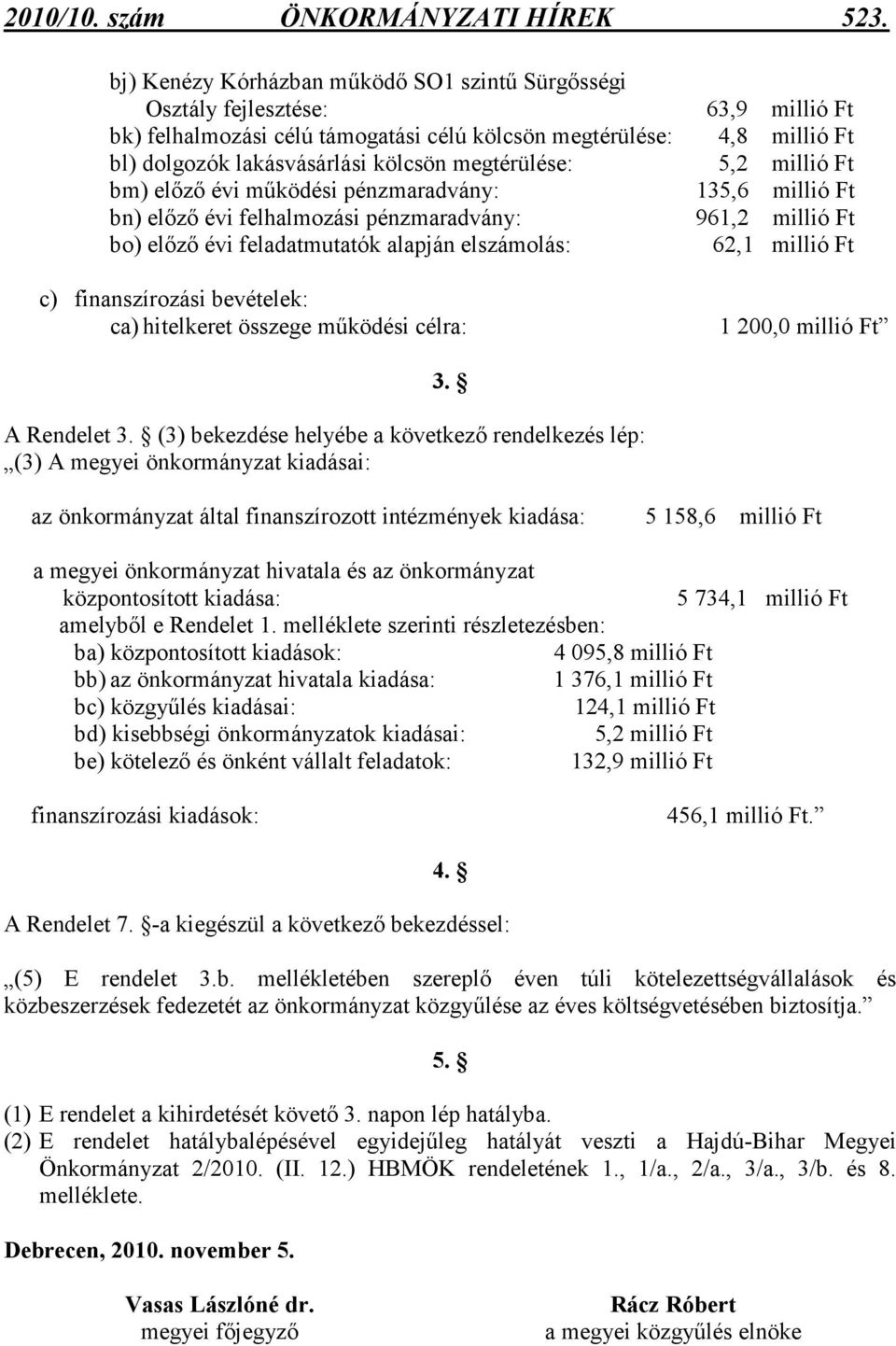 megtérülése: 5,2 millió Ft bm) elızı évi mőködési pénzmaradvány: 135,6 millió Ft bn) elızı évi felhalmozási pénzmaradvány: 961,2 millió Ft bo) elızı évi feladatmutatók alapján elszámolás: 62,1 millió