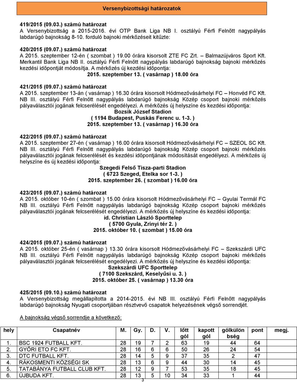 osztályú Férfi Felnőtt nagypályás labdarúgó bajnokság bajnoki mérkőzés kezdési időpontját módosítja. A mérkőzés új kezdési időpontja: 2015. szeptember 13. ( vasárnap ) 18.00 óra 421/2015 (09.07.