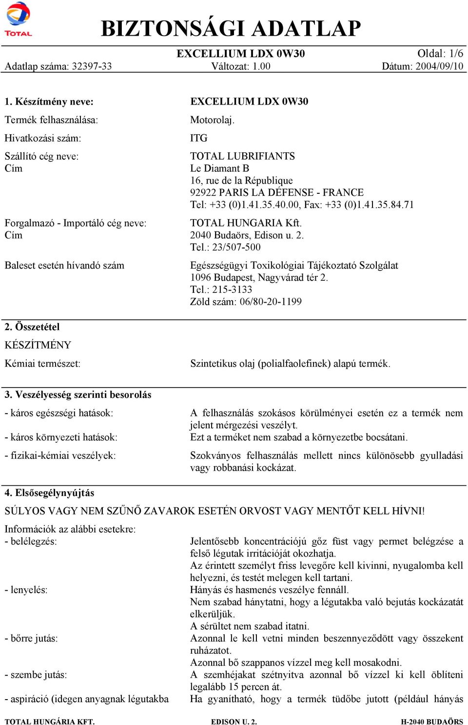 +33 (0)1.41.35.40.00, Fax: +33 (0)1.41.35.84.71 TOTAL HUNGARIA Kft. 2040 Budaörs, Edisn u. 2. Tel.: 23/507-500 Egészségügyi Txiklógiai Tájékztató Szlgálat 1096 Budapest, Nagyvárad tér 2. Tel.: 215-3133 Zöld szám: 06/80-20-1199 2.