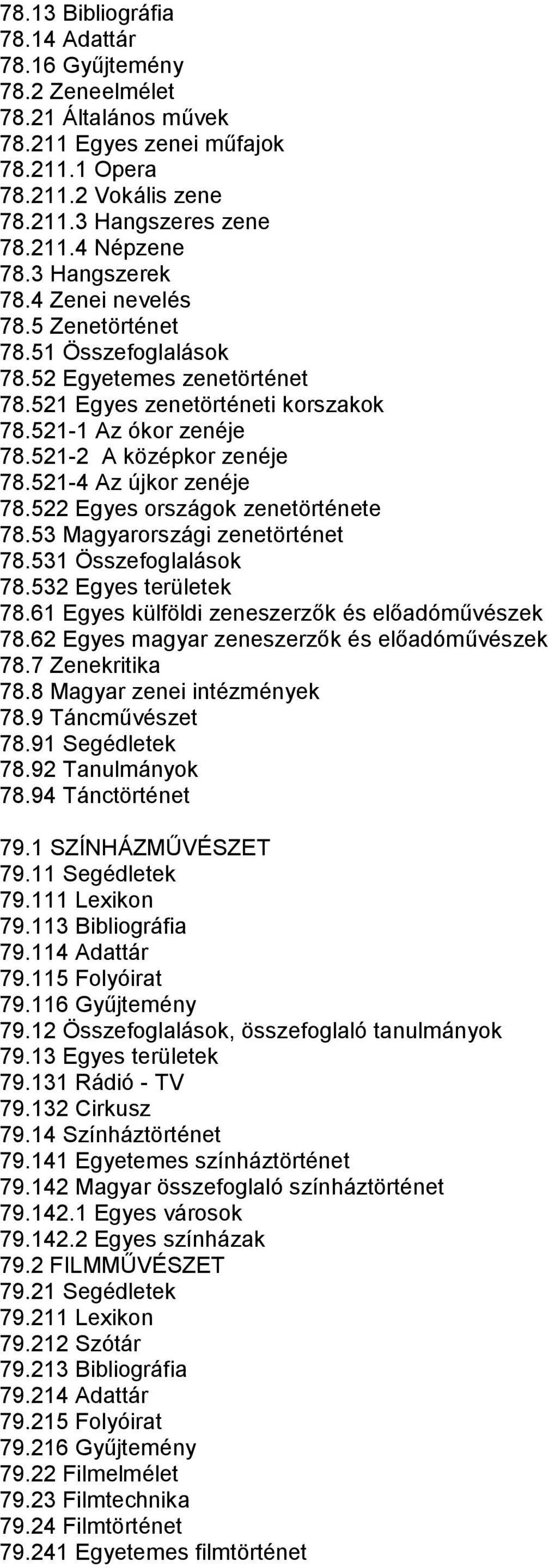 521-4 Az újkor zenéje 78.522 Egyes országok zenetörténete 78.53 Magyarországi zenetörténet 78.531 Összefoglalások 78.532 Egyes területek 78.61 Egyes külföldi zeneszerzők és előadóművészek 78.