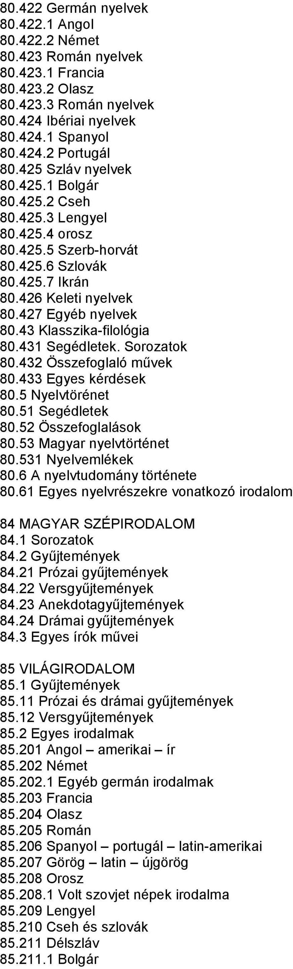 43 Klasszika-filológia 80.431 Segédletek. Sorozatok 80.432 Összefoglaló művek 80.433 Egyes kérdések 80.5 Nyelvtörénet 80.51 Segédletek 80.52 Összefoglalások 80.53 Magyar nyelvtörténet 80.