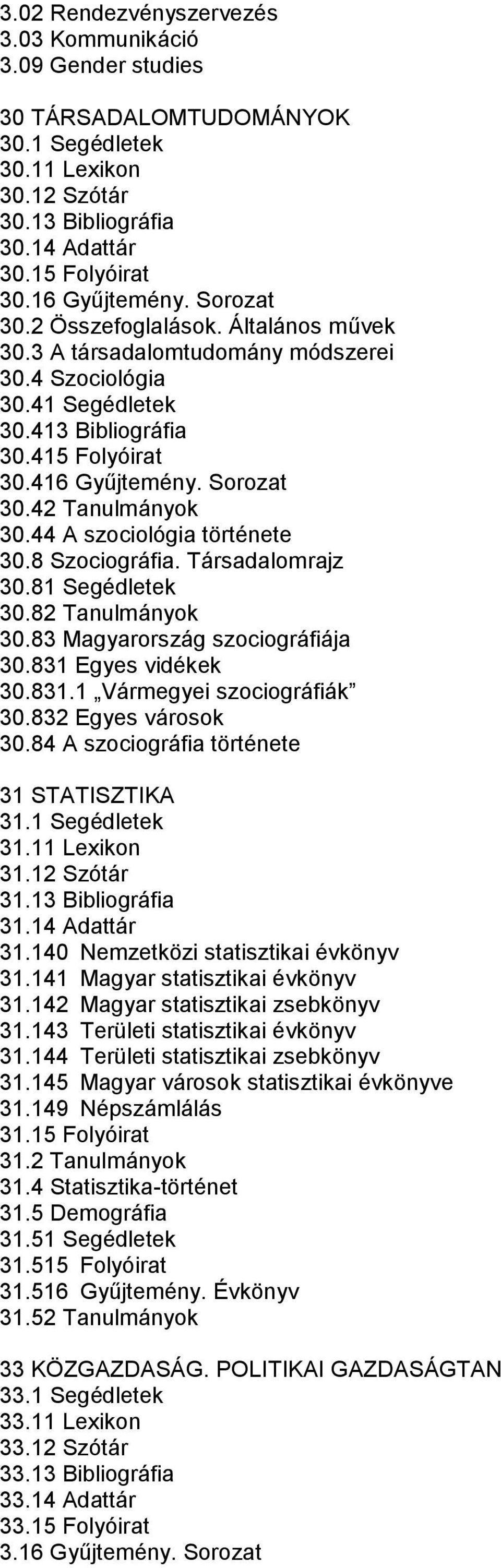 42 Tanulmányok 30.44 A szociológia története 30.8 Szociográfia. Társadalomrajz 30.81 Segédletek 30.82 Tanulmányok 30.83 Magyarország szociográfiája 30.831 Egyes vidékek 30.831.1 Vármegyei szociográfiák 30.