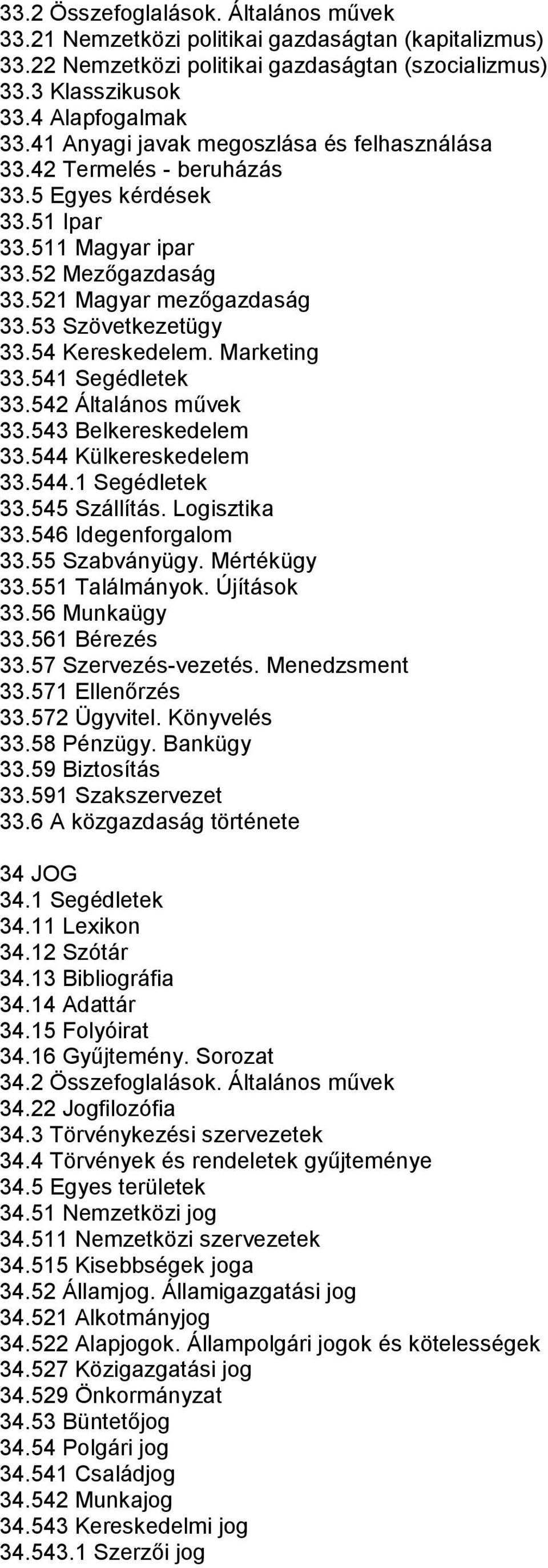 54 Kereskedelem. Marketing 33.541 Segédletek 33.542 Általános művek 33.543 Belkereskedelem 33.544 Külkereskedelem 33.544.1 Segédletek 33.545 Szállítás. Logisztika 33.546 Idegenforgalom 33.