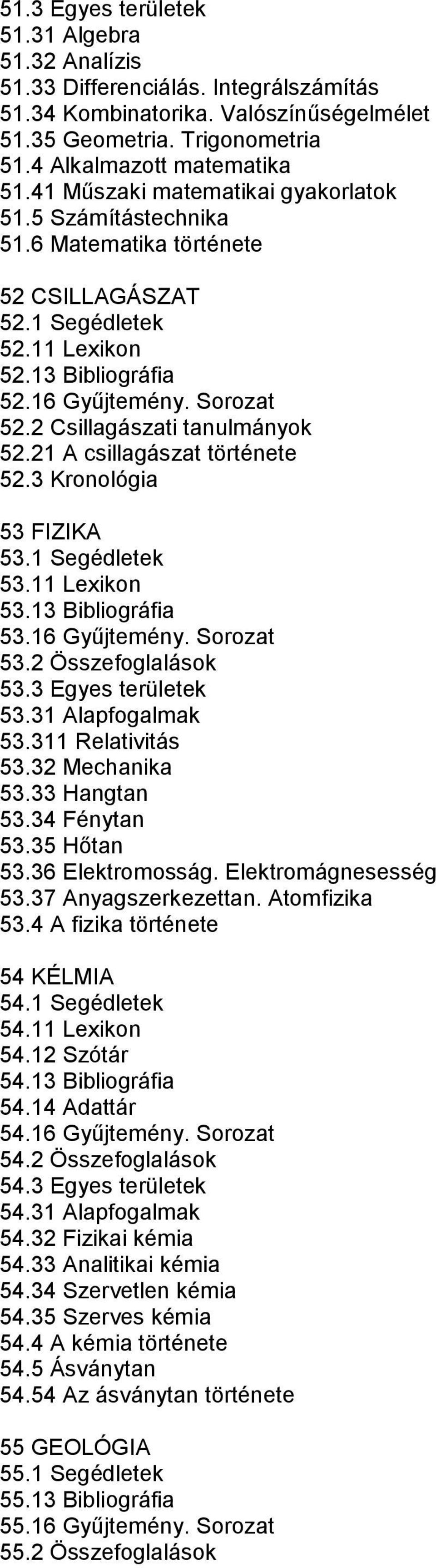 2 Csillagászati tanulmányok 52.21 A csillagászat története 52.3 Kronológia 53 FIZIKA 53.1 Segédletek 53.11 Lexikon 53.13 Bibliográfia 53.16 Gyűjtemény. Sorozat 53.2 Összefoglalások 53.
