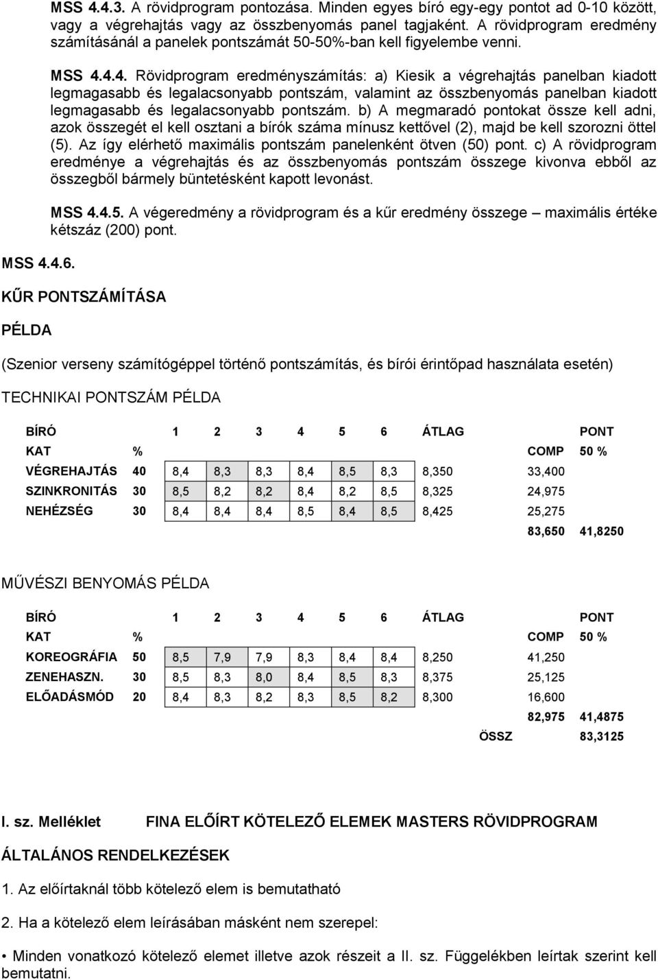 4.4. Rövidprogram eredményszámítás: a) Kiesik a végrehajtás panelban kiadott legmagasabb és legalacsonyabb pontszám, valamint az összbenyomás panelban kiadott legmagasabb és legalacsonyabb pontszám.
