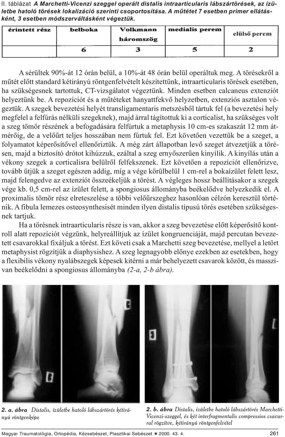 A törésekrõl a mûtét elõtt standard kétirányú röntgenfelvételt készítettünk, intraarticularis törések esetében, ha szükségesnek tartottuk, CT-vizsgálatot végeztünk.