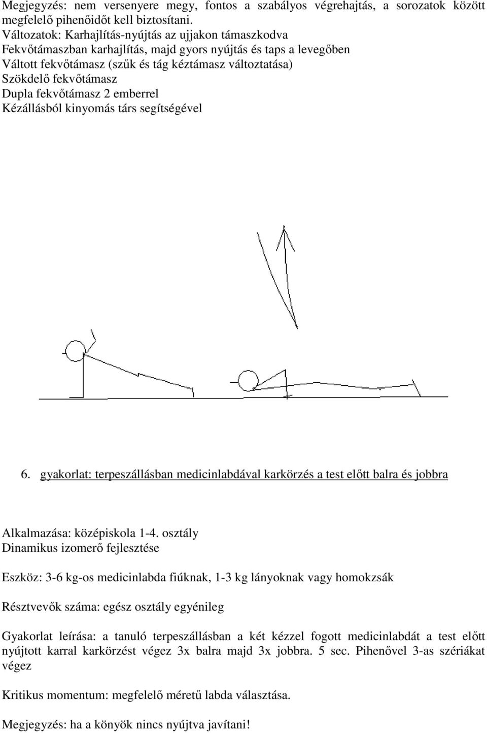 Dupla fekvőtámasz 2 emberrel Kézállásból kinyomás társ segítségével 6. gyakorlat: terpeszállásban medicinlabdával karkörzés a test előtt balra és jobbra Alkalmazása: középiskola 1-4.