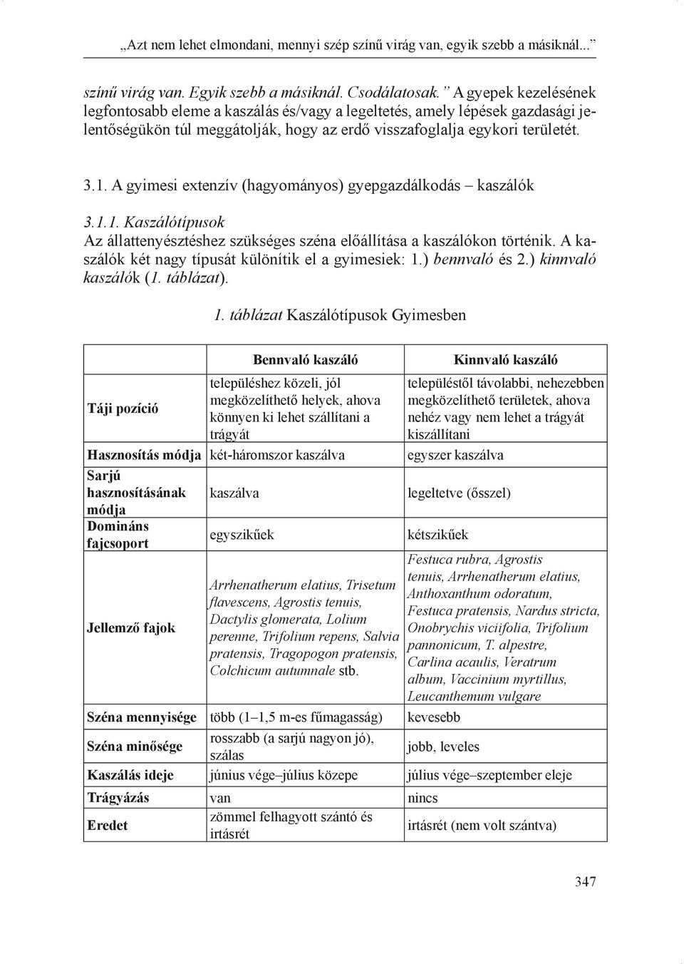 A gyimesi extenzív (hagyományos) gyepgazdálkodás kaszálók 3.1.1. Kaszálótípusok Az állattenyésztéshez szükséges széna előállítása a kaszálókon történik.