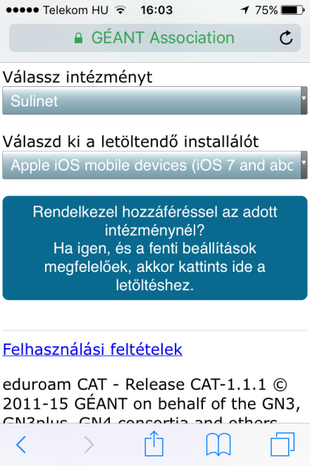 8. Ezek után a készülék elmenti az eduroam profilodat. Az újracsatlakozás automatikusan megtörténik bármikor, ha a wifi be van kapcsolva és az eduroam wifi hatókörében vagy. Vissza az oldal tetjére 7.