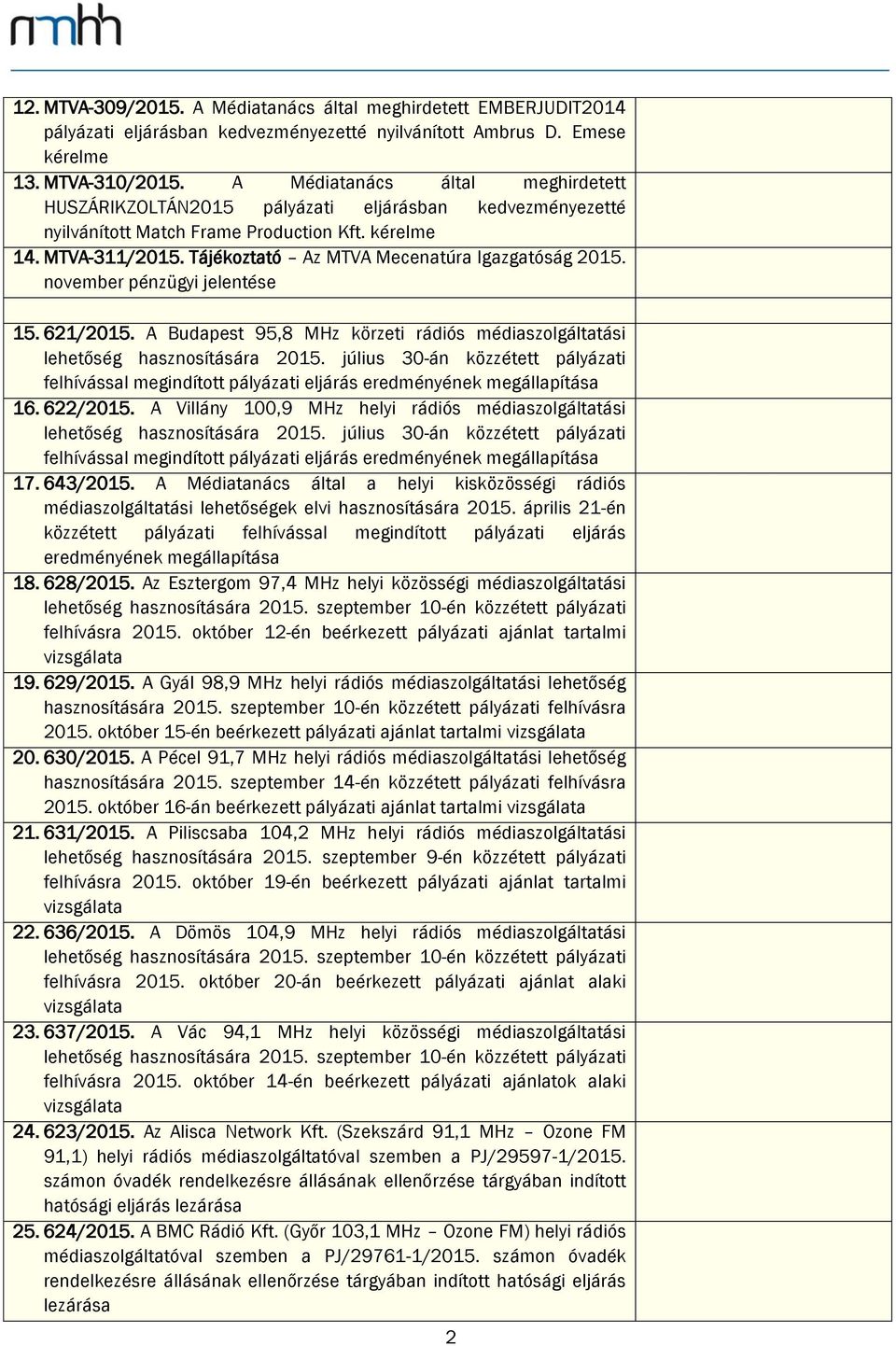 Tájékoztató Az MTVA Mecenatúra Igazgatóság 2015. november pénzügyi jelentése 15. 621/2015. A Budapest 95,8 MHz körzeti rádiós médiaszolgáltatási lehetőség hasznosítására 2015.