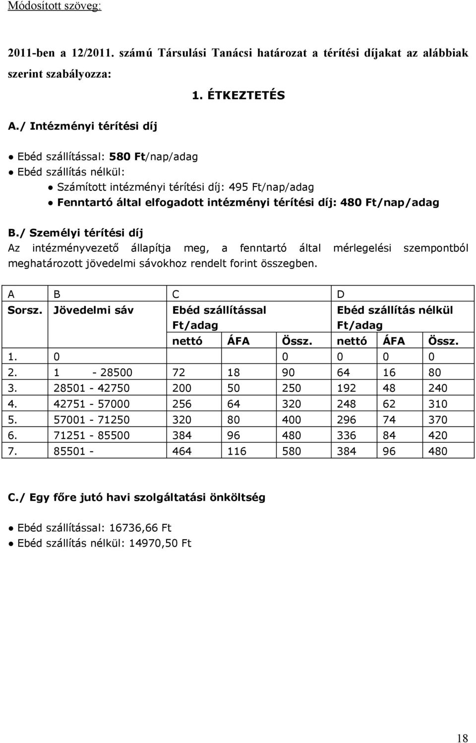 Ft/nap/adag B./ Személyi térítési díj Az intézményvezető állapítja meg, a fenntartó által mérlegelési szempontból meghatározott jövedelmi sávokhoz rendelt forint összegben. A B C D Sorsz.