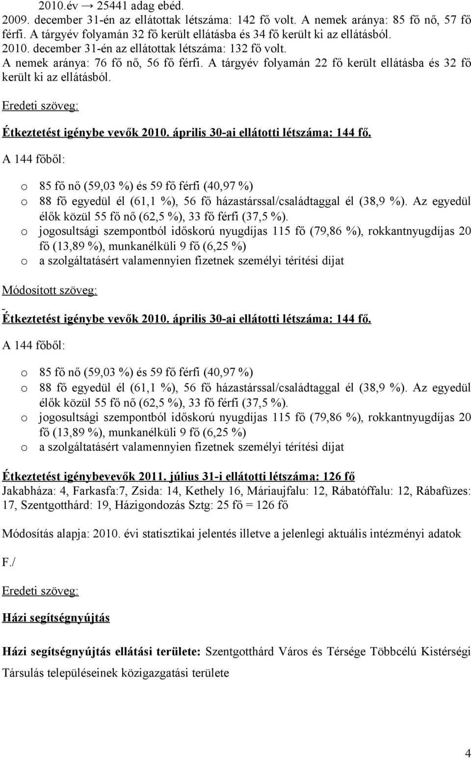 Étkeztetést igénybe vevők 2010. április 30-ai ellátotti létszáma: 144 fő.
