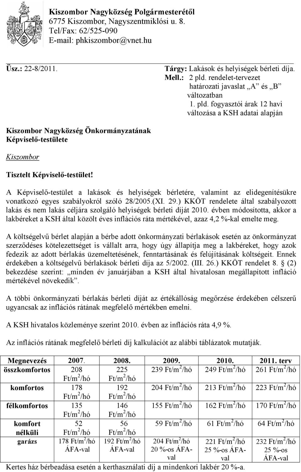 fogyasztói árak 12 havi változása a KSH adatai alapján Kiszombor Nagyközség Önkormányzatának Képviselı-testülete Kiszombor Tisztelt Képviselı-testület!