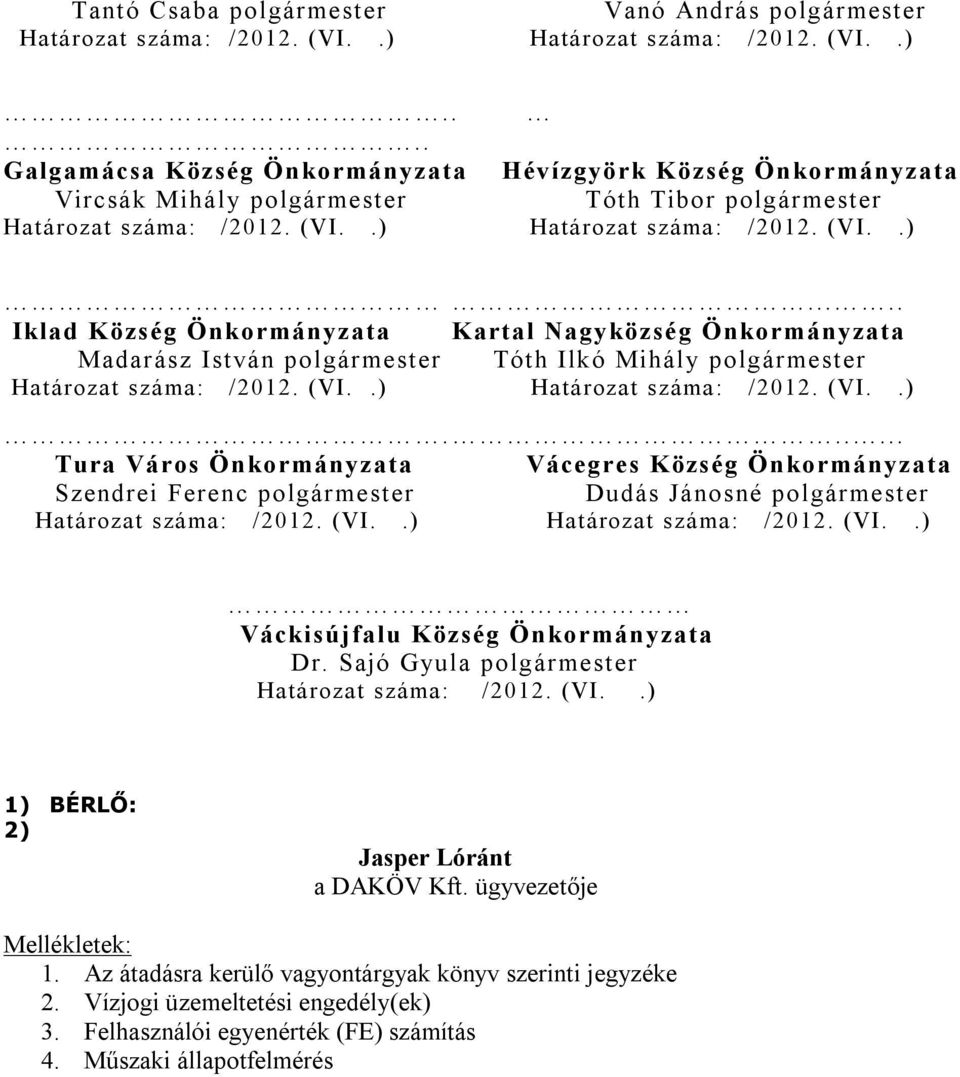 (V I..)..... Iklad K özség Önkormányzata K artal Nagyközség Önkormányzata Madarász István polgármester Tóth Ilkó Mihály polgármester Határozat száma: /2012. (VI..) Határozat száma: /2012. (VI..)...... Tura Város Önkormányzata Vácegres Község Önkormányzata Szendrei Ferenc polgármester Dudás Jánosné polgármester Határozat száma: /2012.