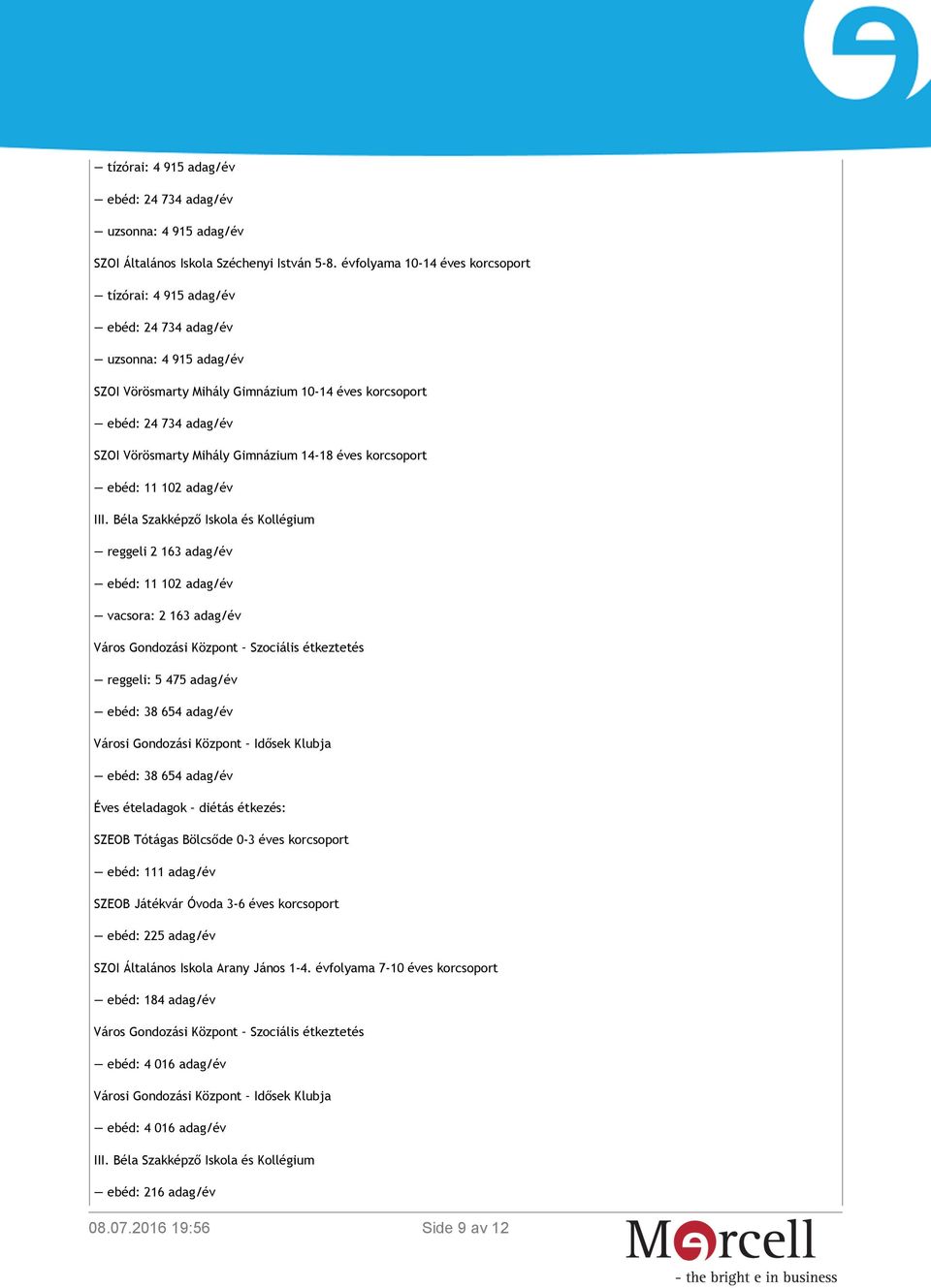 Gimnázium 14-18 éves korcsoport ebéd: 11 102 adag/év III.