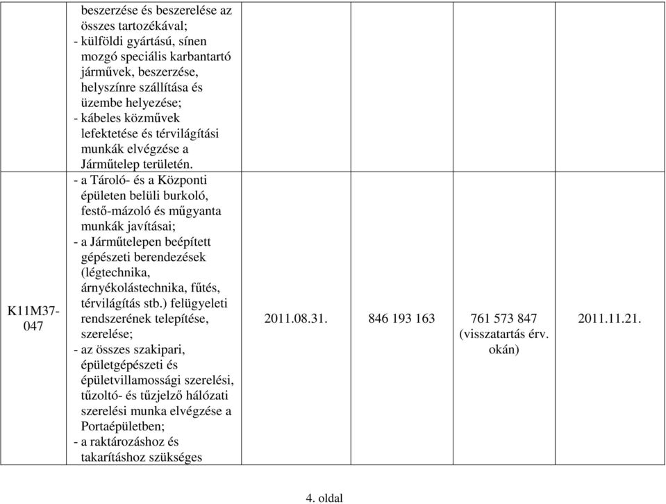 - a Tároló- és a Központi épületen belüli burkoló, festő-mázoló és műgyanta munkák javításai; - a Járműtelepen beépített gépészeti berendezések (légtechnika, árnyékolástechnika, fűtés,