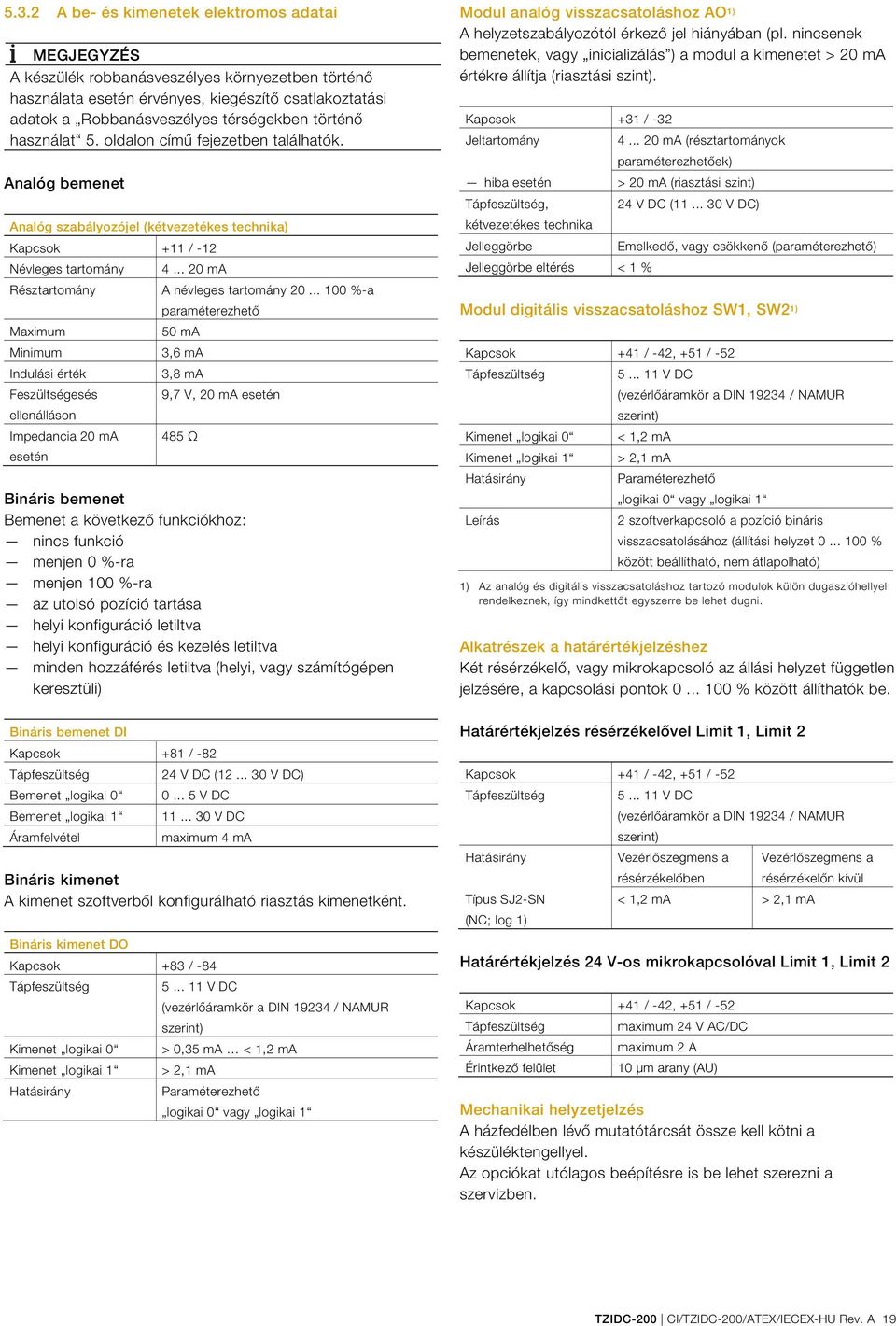 használat 5. oldalon című fejezetben találhatók. Analóg bemenet Analóg szabályozójel (kétvezetékes technika) Kapcsok +11 / -12 Névleges tartomány 4... 20 ma Résztartomány A névleges tartomány 20.