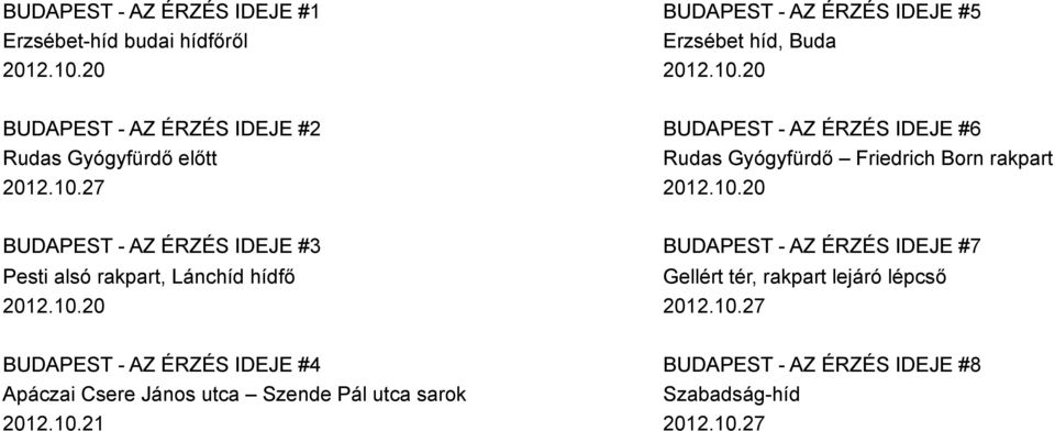 10.20 BUDAPEST - AZ ÉRZÉS IDEJE #7 Gellért tér, rakpart lejáró lépcső 2012.10.27 BUDAPEST - AZ ÉRZÉS IDEJE #4 Apáczai Csere János utca Szende Pál utca sarok 2012.