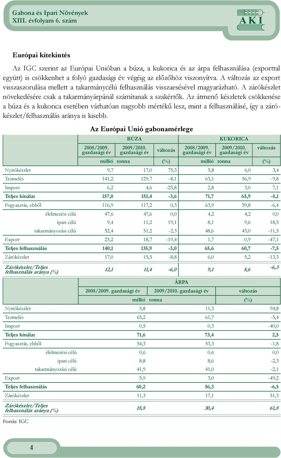 Az átmenı készletek csökkenése a búza és a kukorica esetében várhatóan nagyobb mértékő lesz, mint a felhasználásé, így a zárókészlet/felhasználás aránya is kisebb.