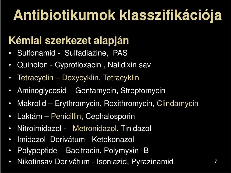 Makrolid Erythromycin, Roxithromycin, Clindamycin Laktám Penicillin, Cephalosporin Nitroimidazol -