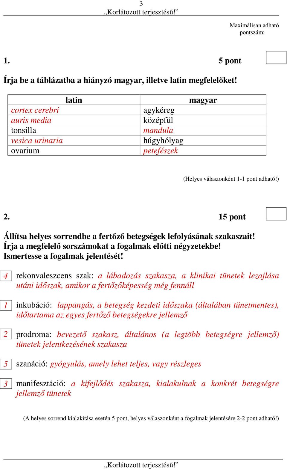 15 pont Állítsa helyes sorrendbe a fertőző betegségek lefolyásának szakaszait! Írja a megfelelő sorszámokat a fogalmak előtti négyzetekbe! Ismertesse a fogalmak jelentését!