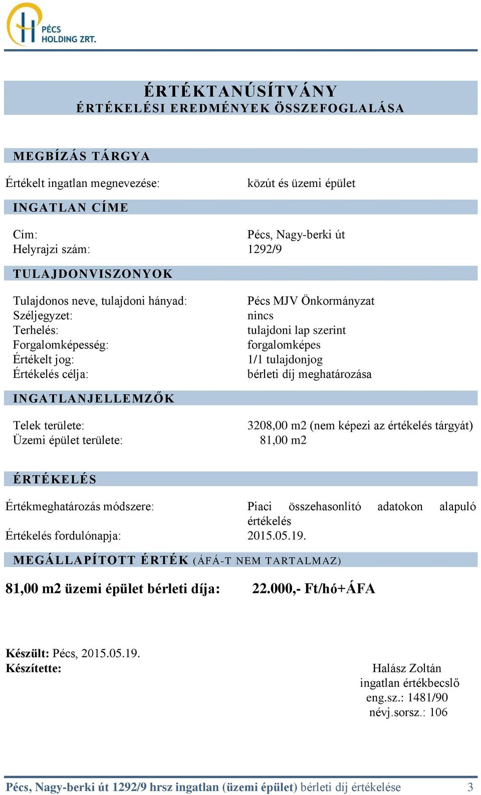 tulajdonjog bérleti díj meghatározása INGATLANJELLEMZŐK Telek területe: Üzemi épület területe: 3208,00 m2 (nem képezi az értékelés tárgyát) 81,00 m2 ÉRTÉKELÉS Értékmeghatározás módszere: Piaci