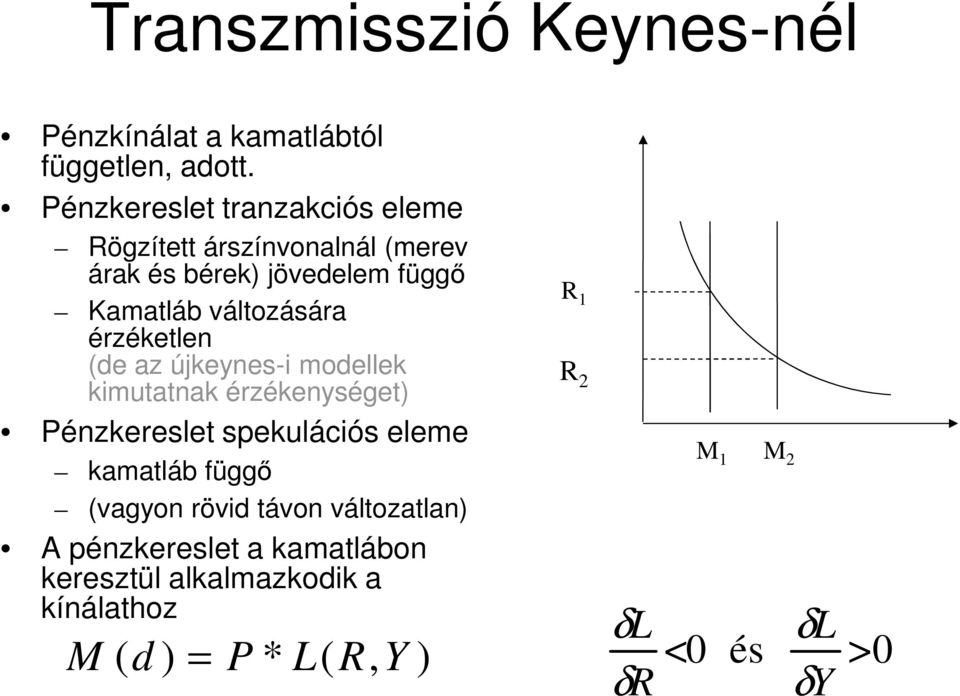 érzéketlen (de az újkeynes-i modellek kimutatnak érzékenységet) Pénzkereslet spekulációs eleme kamatláb függő