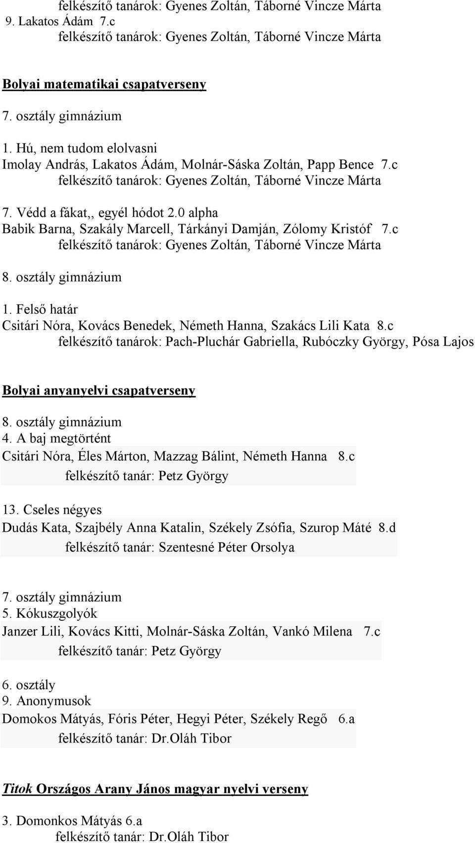 c felkészítő tanárok: Pach-Pluchár Gabriella, Rubóczky György, Pósa Lajos Bolyai anyanyelvi csapatverseny 8. osztály gimnázium 4.