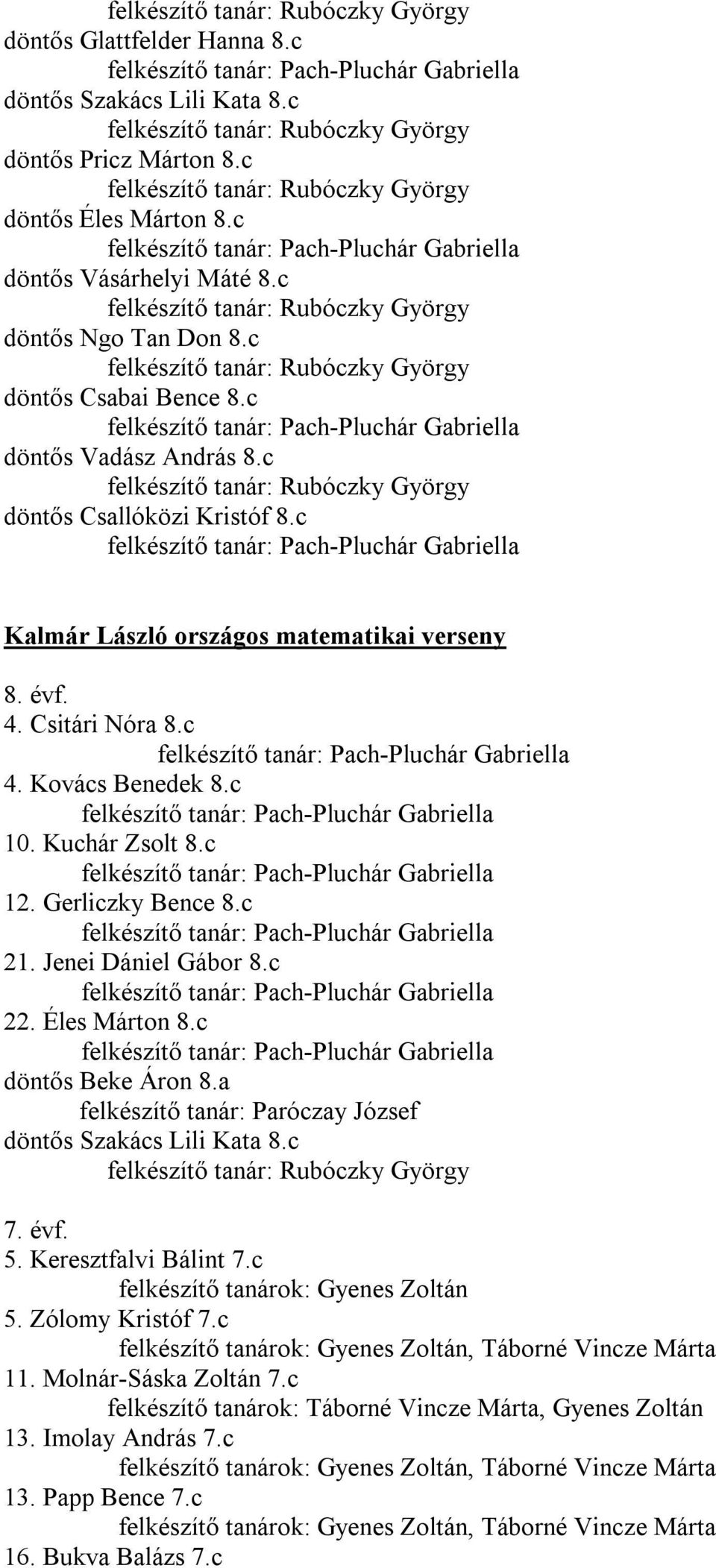 c Rubóczky György döntős Csallóközi Kristóf 8.c Pach-Pluchár Gabriella Kalmár László országos matematikai verseny 8. évf. 4. Csitári Nóra 8.c Pach-Pluchár Gabriella 4. Kovács Benedek 8.