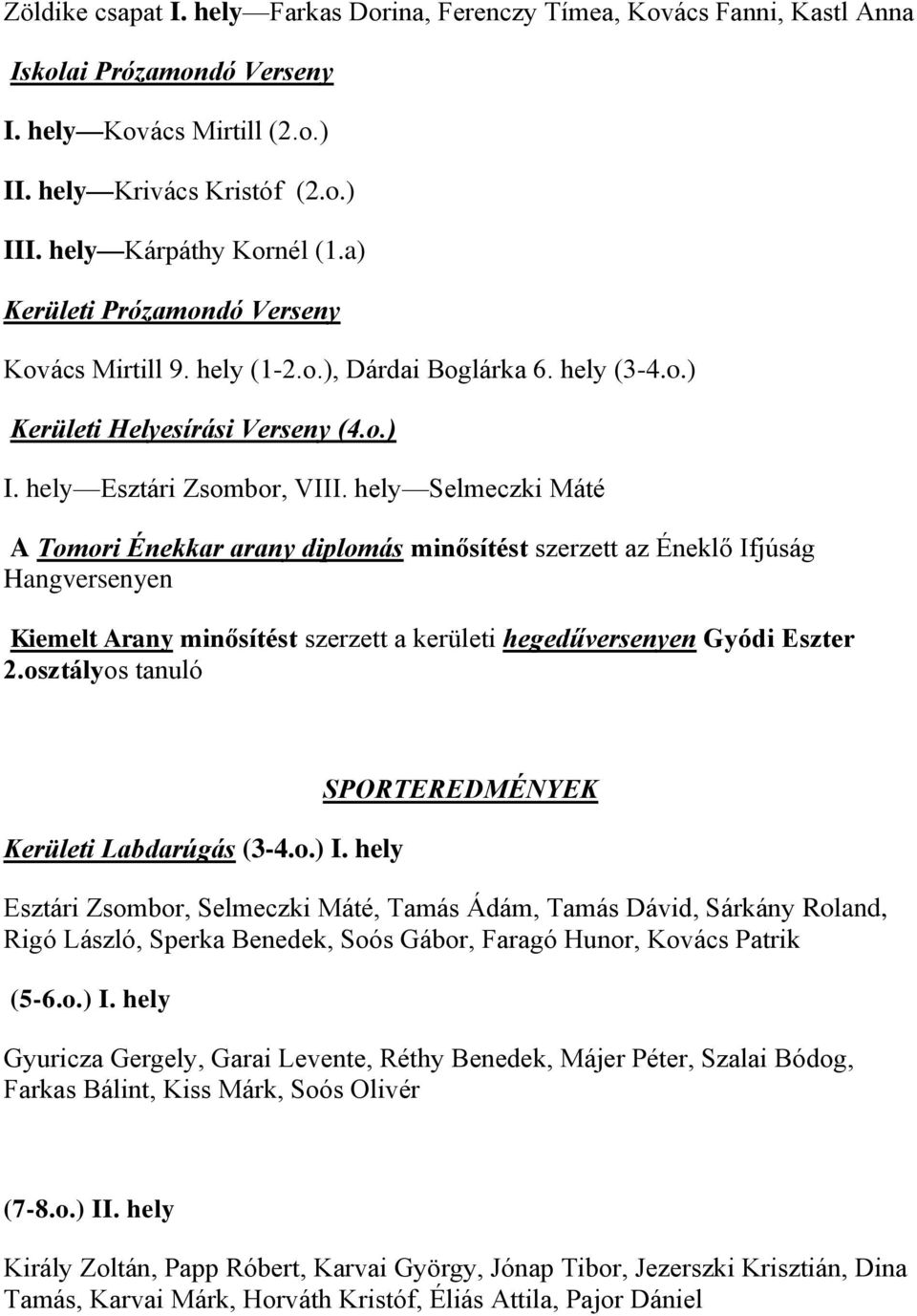 hely Selmeczki Máté A Tomori Énekkar arany diplomás minősítést szerzett az Éneklő Ifjúság Hangversenyen Kiemelt Arany minősítést szerzett a kerületi hegedűversenyen Gyódi Eszter 2.