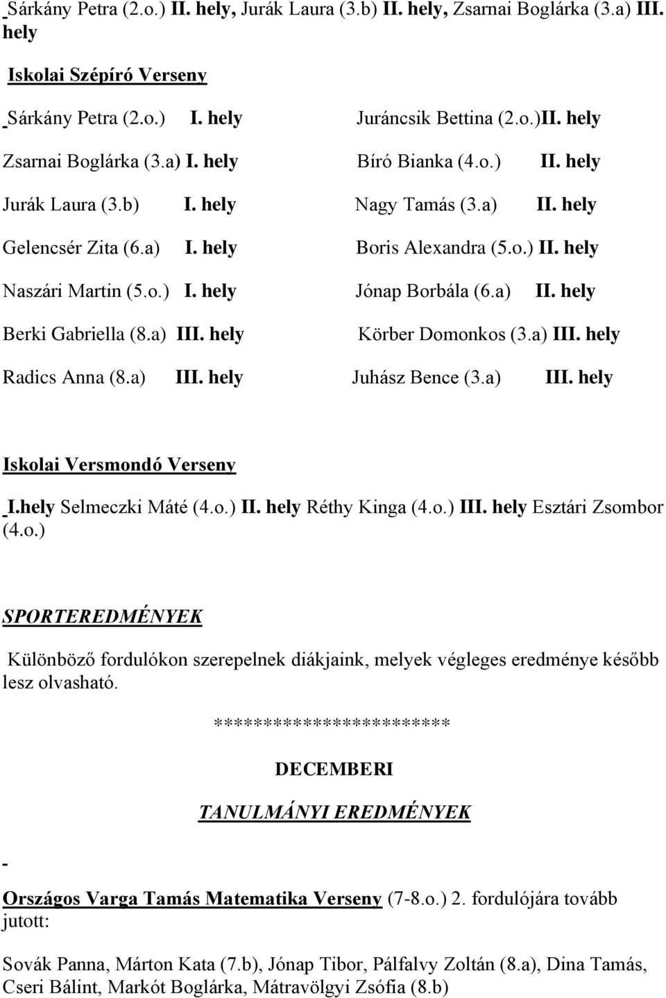 a) II. hely Berki Gabriella (8.a) III. hely Körber Domonkos (3.a) III. hely Radics Anna (8.a) III. hely Juhász Bence (3.a) III. hely Iskolai Versmondó Verseny I.hely Selmeczki Máté (4.o.) II. hely Réthy Kinga (4.