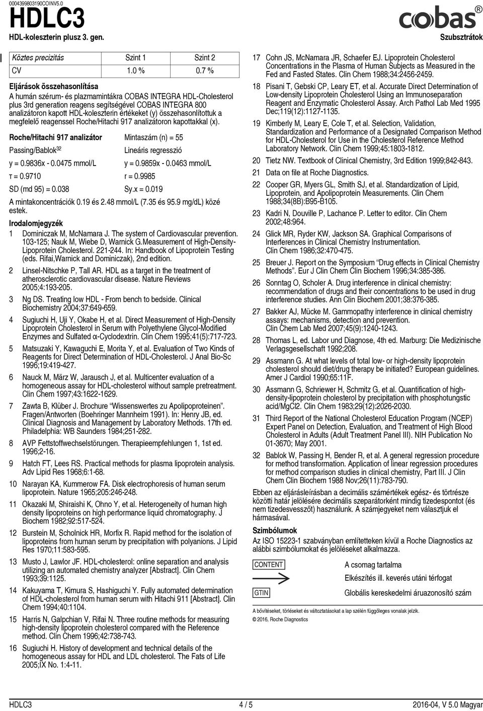 (y) összehasonlítottuk a megfelelő reagenssel Roche/Hitachi 917 analizátoron kapottakkal (x). Roche/Hitachi 917 analizátor Mintaszám (n) = 55 Passing/Bablok 32 y = 0.9836x - 0.