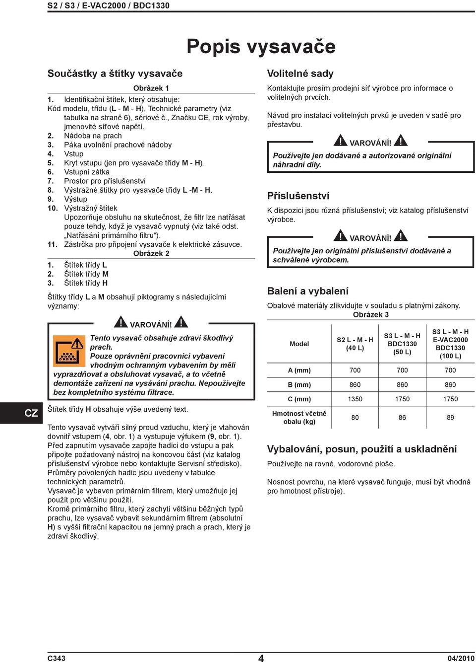 Prostor pro příslušenství 8. Výstražné štítky pro vysavače třídy L -M - H. 9. Výstup 10.