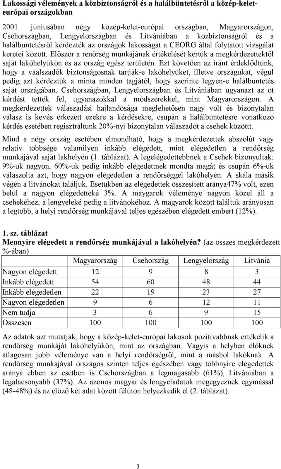 folytatott vizsgálat keretei között. Először a renőrség munkájának értékelését kértük a megkérdezettektől saját lakóhelyükön és az ország egész területén.