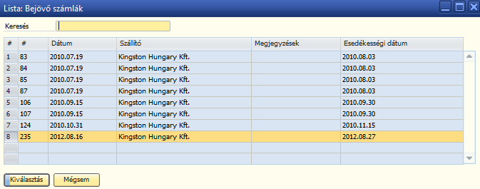 113. ábra: B > Beszerzési helyesbítő számla/lista: Bejövő számlák A Tartalom regiszteren belül lévő adatok: A tényadatok az alapbizonylatból származnak.