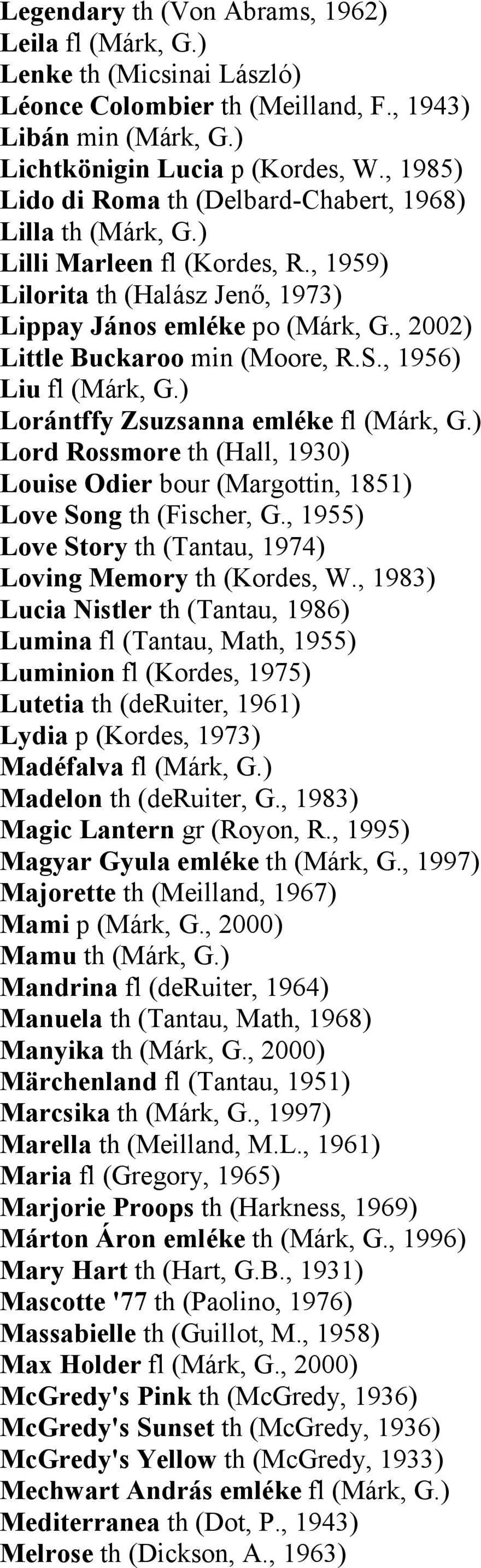, 2002) Little Buckaroo min (Moore, R.S., 1956) Liu fl (Márk, G.) Lorántffy Zsuzsanna emléke fl (Márk, G.) Lord Rossmore th (Hall, 1930) Louise Odier bour (Margottin, 1851) Love Song th (Fischer, G.