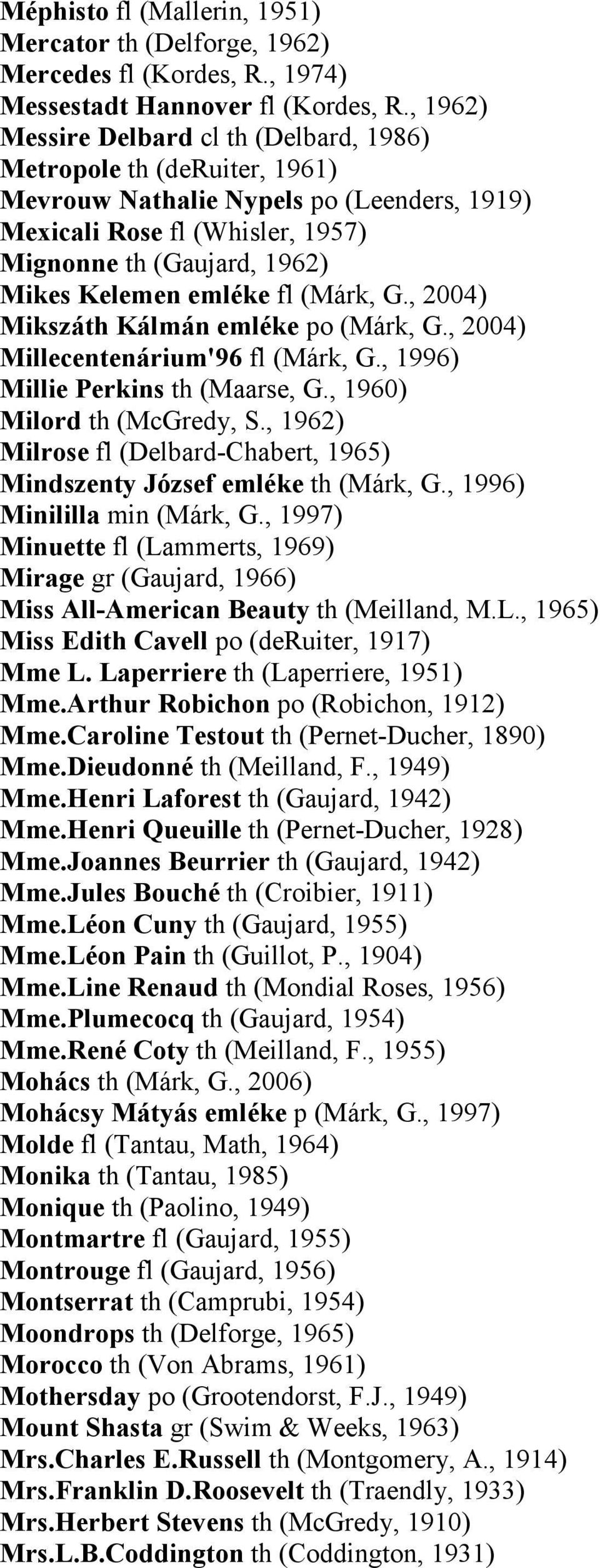emléke fl (Márk, G., 2004) Mikszáth Kálmán emléke po (Márk, G., 2004) Millecentenárium'96 fl (Márk, G., 1996) Millie Perkins th (Maarse, G., 1960) Milord th (McGredy, S.