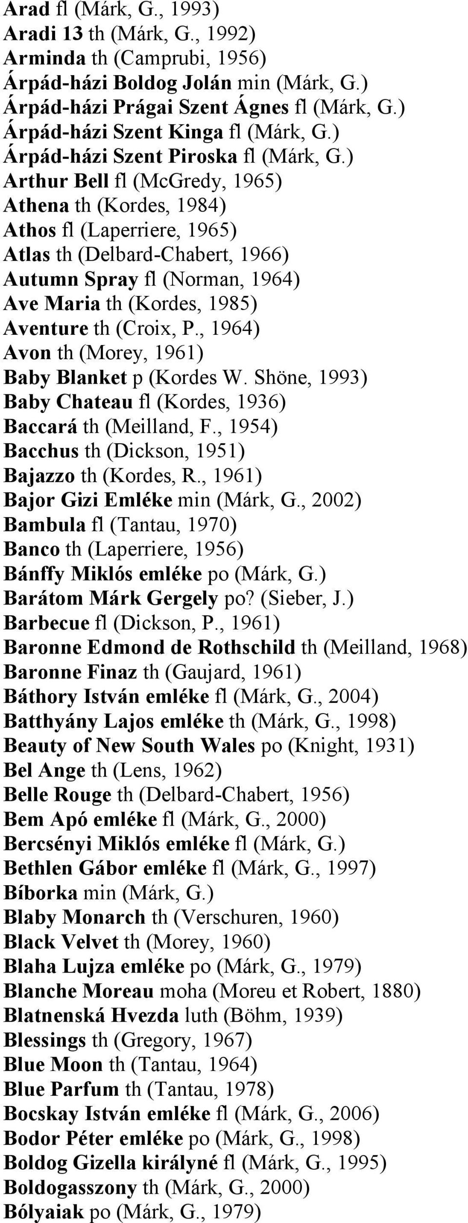 ) Arthur Bell fl (McGredy, 1965) Athena th (Kordes, 1984) Athos fl (Laperriere, 1965) Atlas th (Delbard-Chabert, 1966) Autumn Spray fl (Norman, 1964) Ave Maria th (Kordes, 1985) Aventure th (Croix, P.